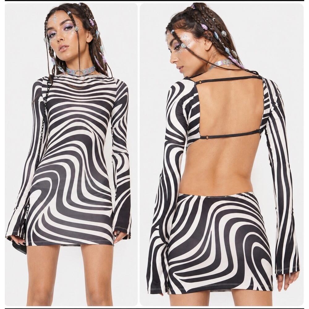 Dolls Kill JADED London Warped Lines Backless Mini Dress Long Sleeve Size 10